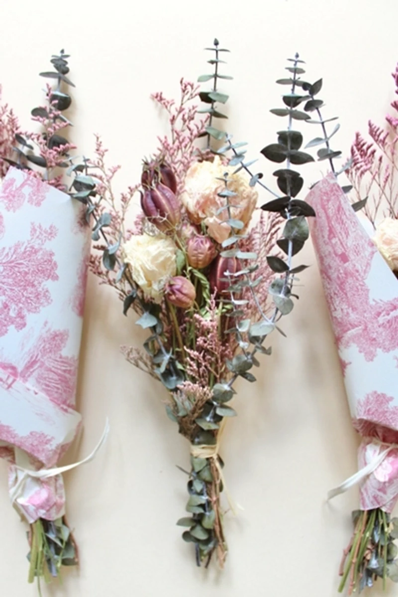 Roxanne’s Dried Flowers Pink Toile Bouquet