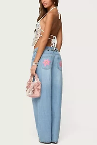 Edikted Mirra Embroidered Flower Low Rise Jeans