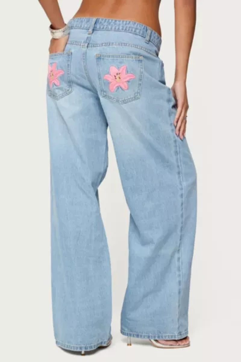 Edikted Mirra Embroidered Flower Low Rise Jeans