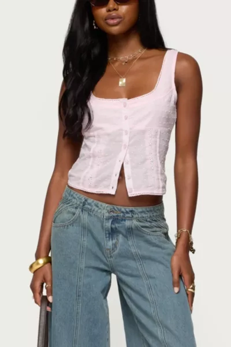 Edikted Embroidered Cotton Button Up Top