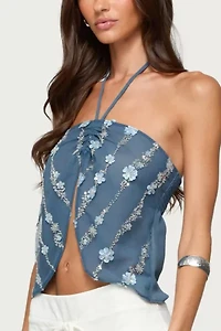 Edikted Beaded Floral Split Front Halter Top