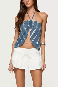 Edikted Beaded Floral Split Front Halter Top