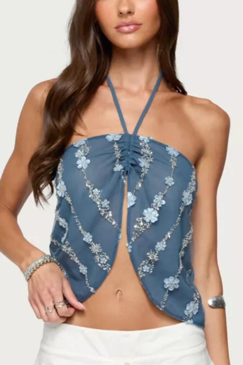 Edikted Beaded Floral Split Front Halter Top