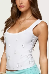 Edikted Zelena Faux Crystal Ribbed Tank Top