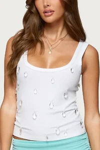 Edikted Zelena Faux Crystal Ribbed Tank Top