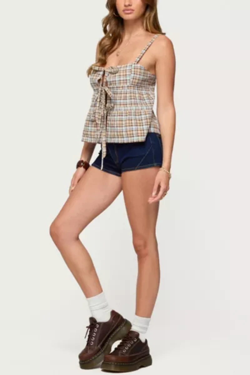 Edikted Mirena Tie Front Plaid Top