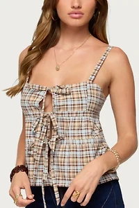 Edikted Mirena Tie Front Plaid Top