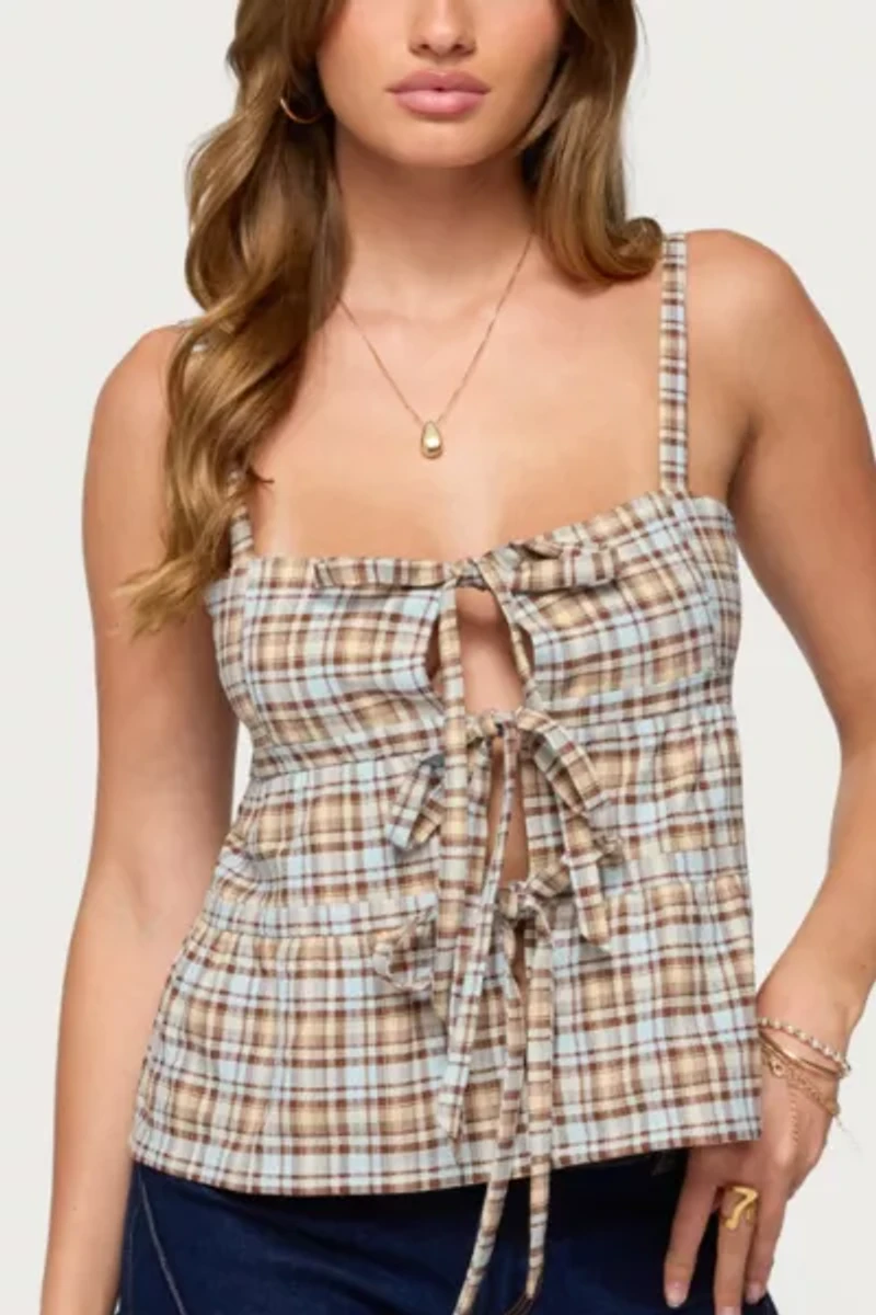 Edikted Mirena Tie Front Plaid Top