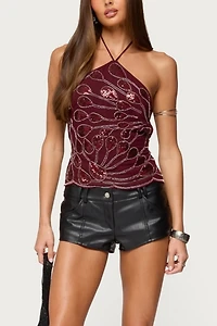 Edikted Embroidered Bead & Sequin Halter Top