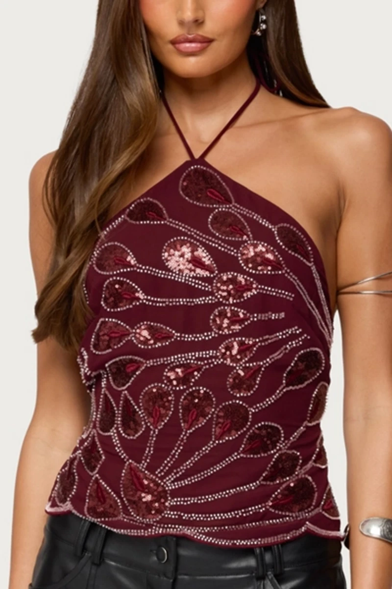 Edikted Embroidered Bead & Sequin Halter Top