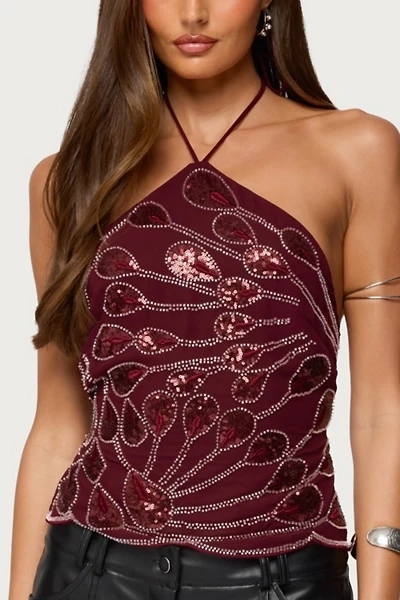 Edikted Embroidered Bead & Sequin Halter Top
