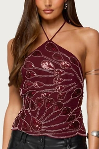 Edikted Embroidered Bead & Sequin Halter Top