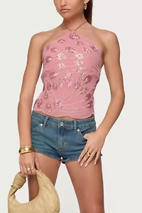 Edikted Embroidered Bead & Sequin Halter Top