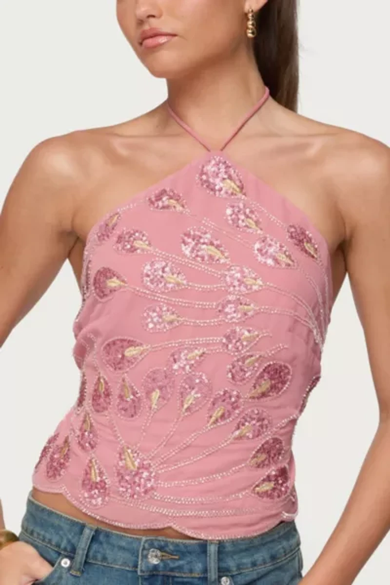 Edikted Embroidered Bead & Sequin Halter Top