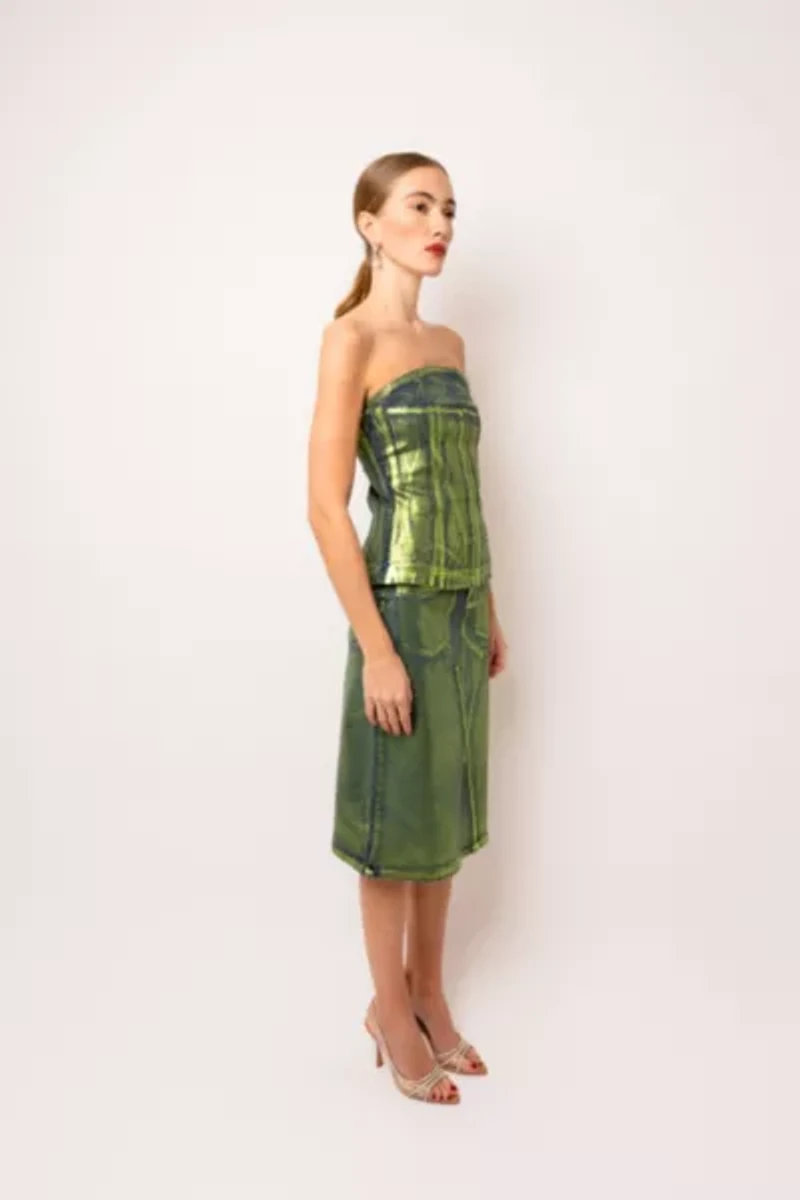 Amy Lynn Clara Denim Foil Coated Midi Skirt