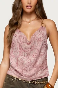 Edikted Printed Halter Chain Cowl Neck Top