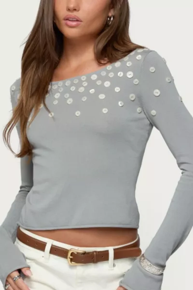Edikted Iridescent Button Boat Neck Top