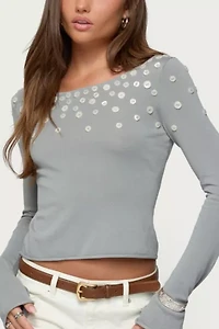 Edikted Iridescent Button Boat Neck Top