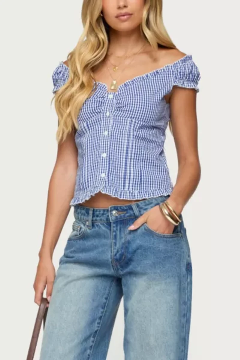 Edikted Dorothie Gingham Button Up Top