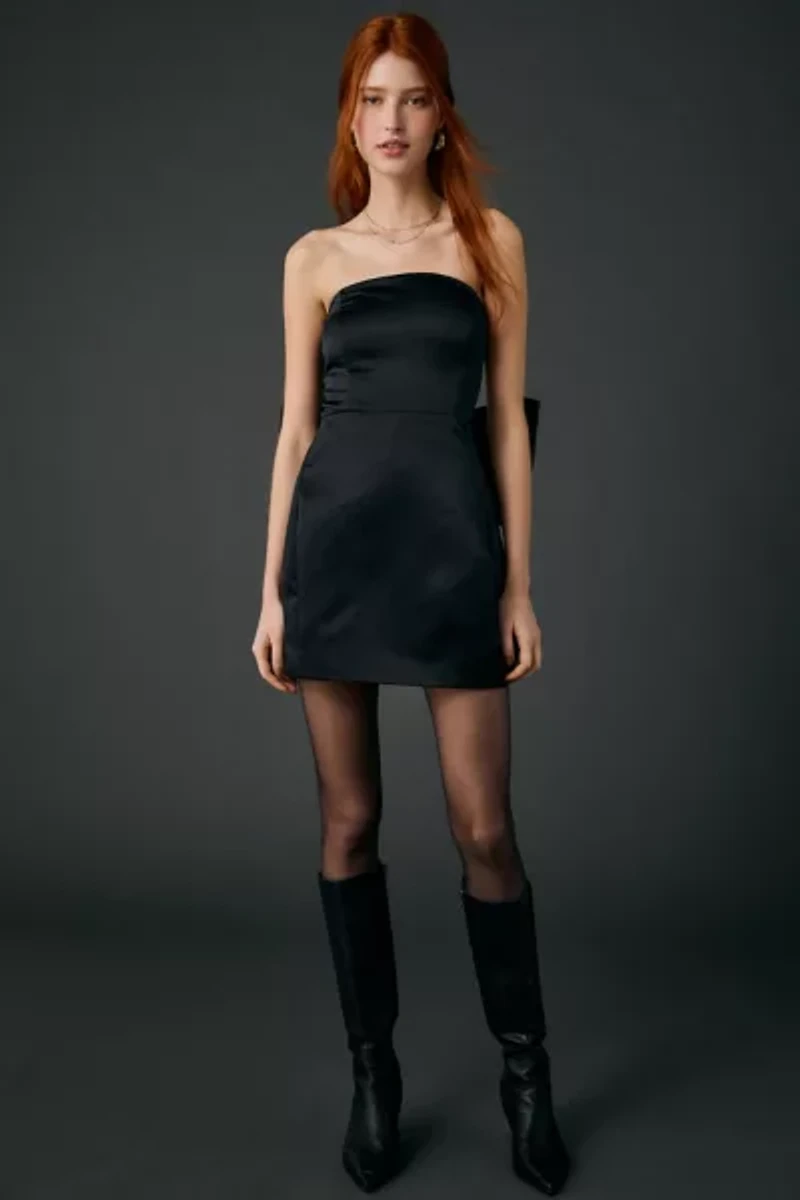 Lulus Melody Black Satin Strapless Bow Back Mini Dress