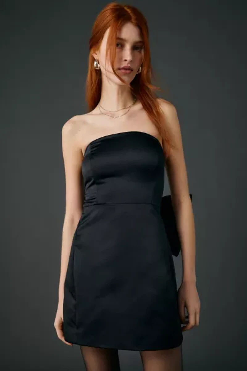 Lulus Melody Black Satin Strapless Bow Back Mini Dress