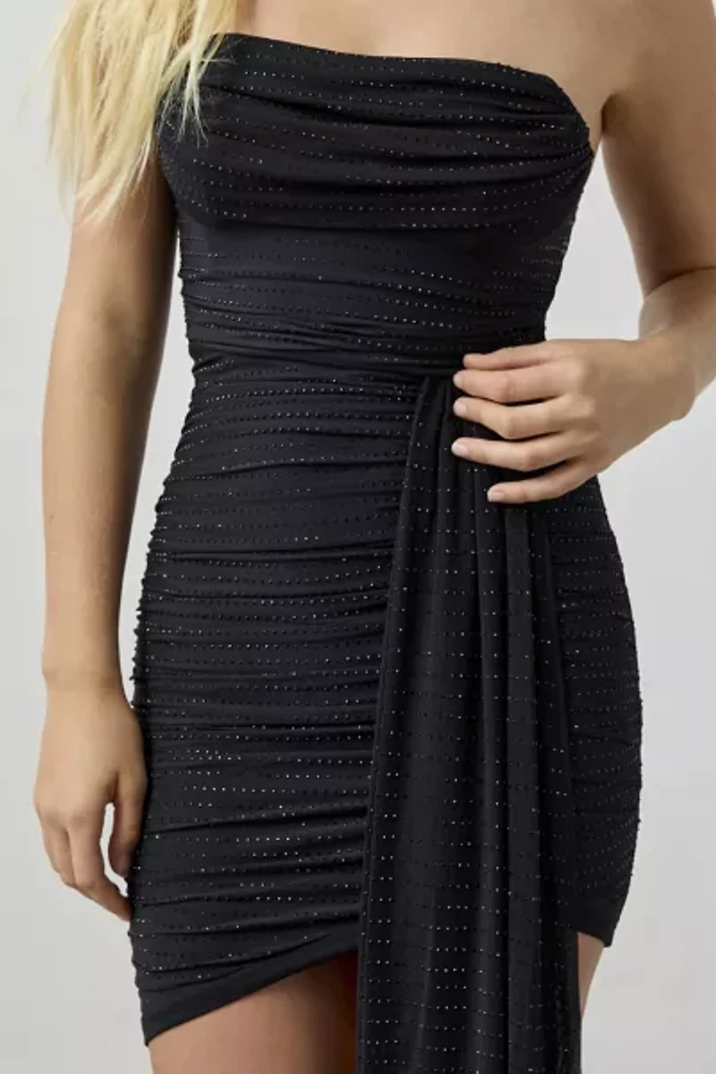 Lulus Manhattan Asymmetric Ruched Rhinestone Strapless Mini Dress