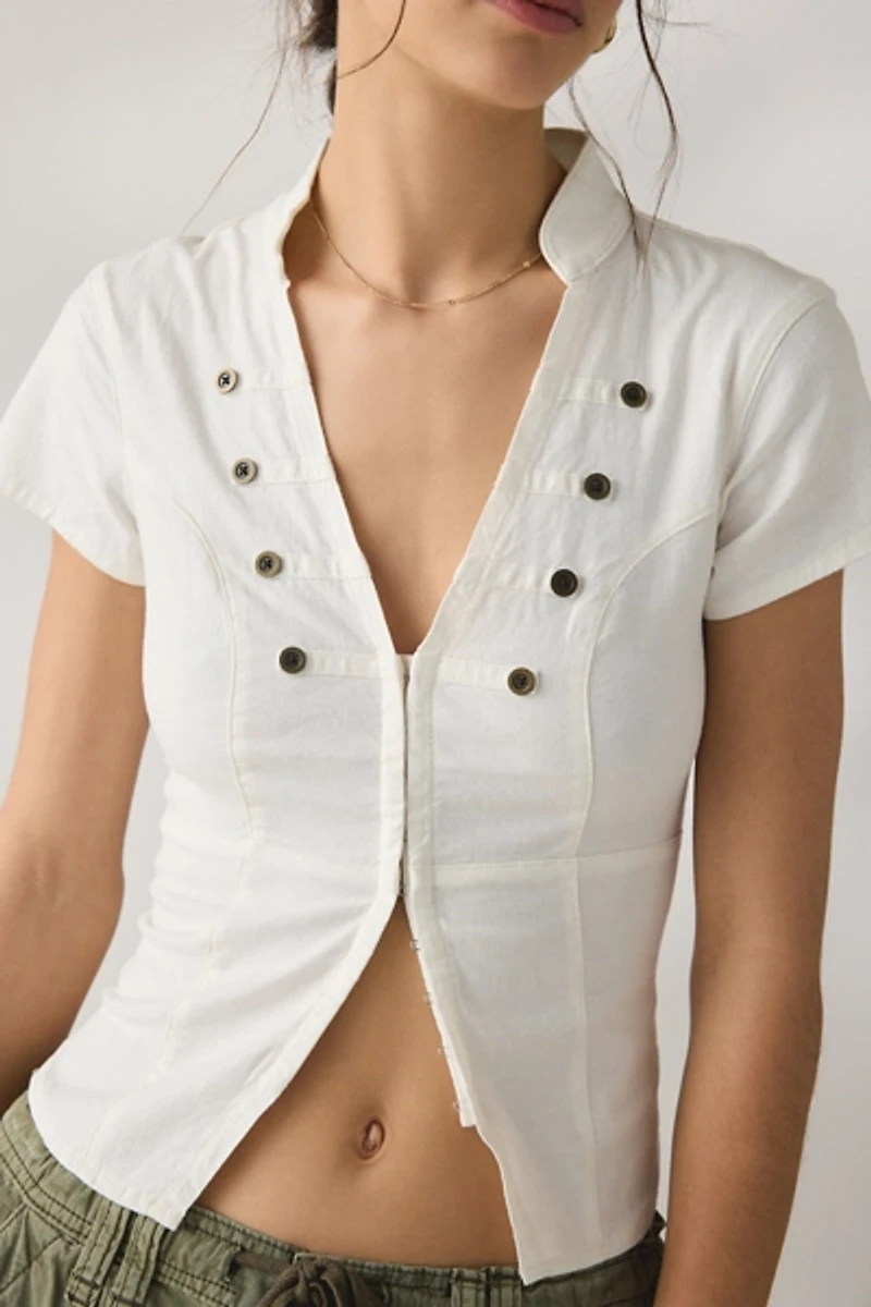 BDG Milo Military Button Linen Short Sleeve Shirt