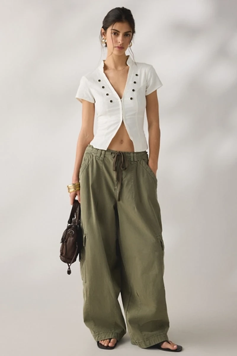 BDG Milo Military Button Linen Short Sleeve Shirt