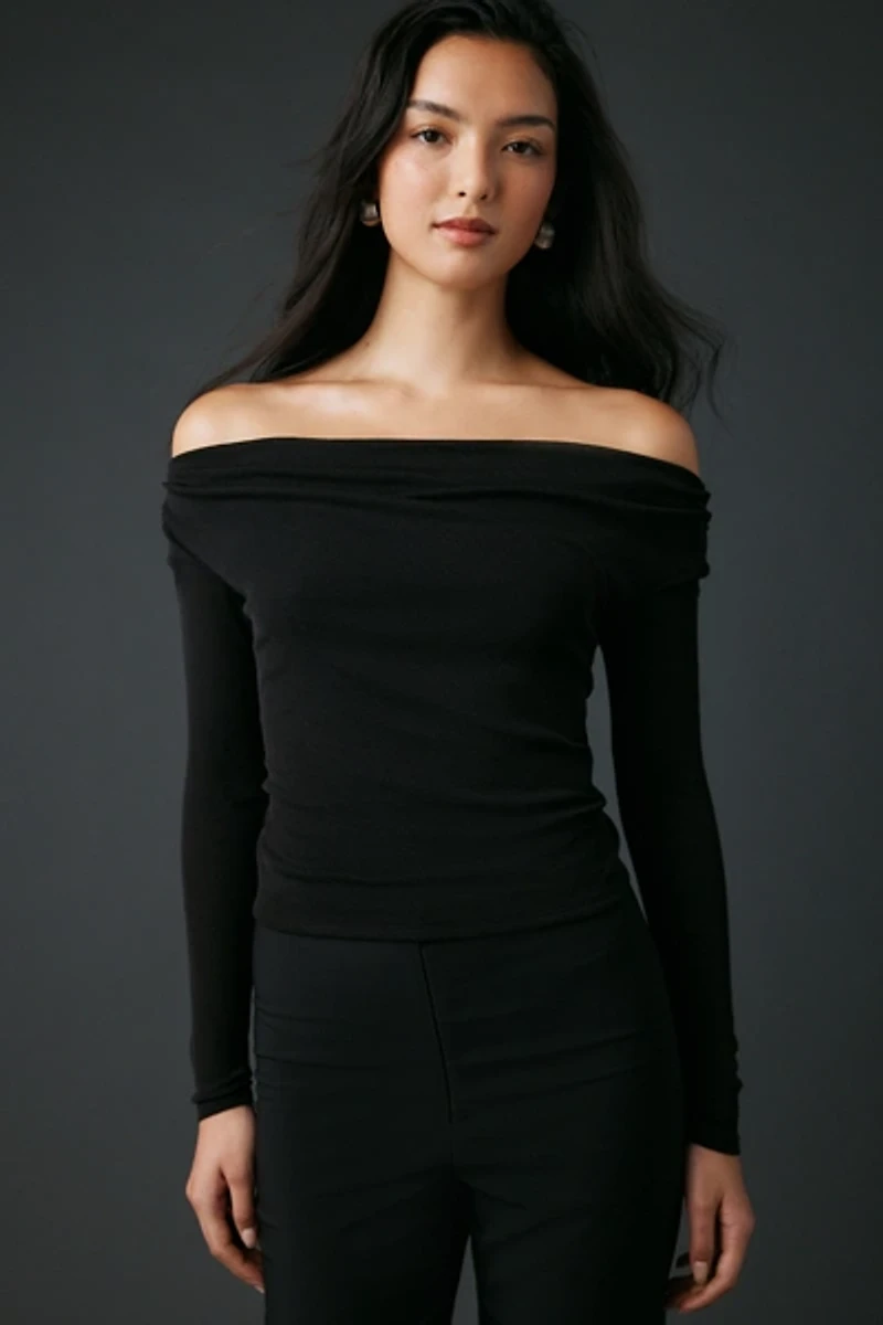 UO Fia Mesh Long Sleeve Off-The-Shoulder Crop Top