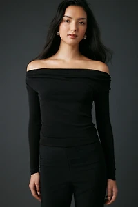 UO Fia Mesh Long Sleeve Off-The-Shoulder Crop Top