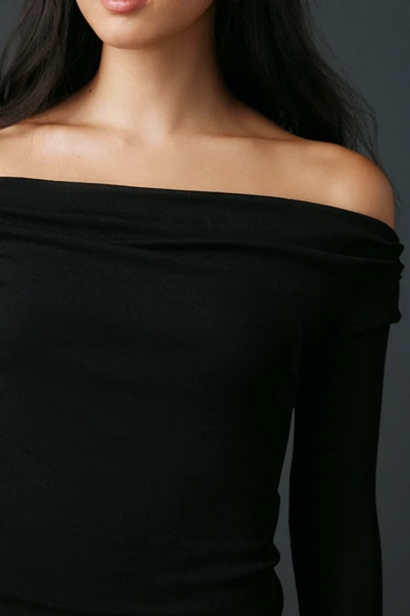 UO Fia Mesh Long Sleeve Off-The-Shoulder Crop Top