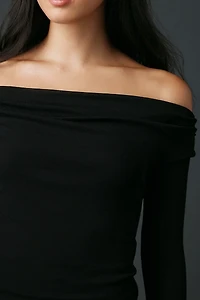 UO Fia Mesh Long Sleeve Off-The-Shoulder Crop Top