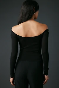 UO Fia Mesh Long Sleeve Off-The-Shoulder Crop Top