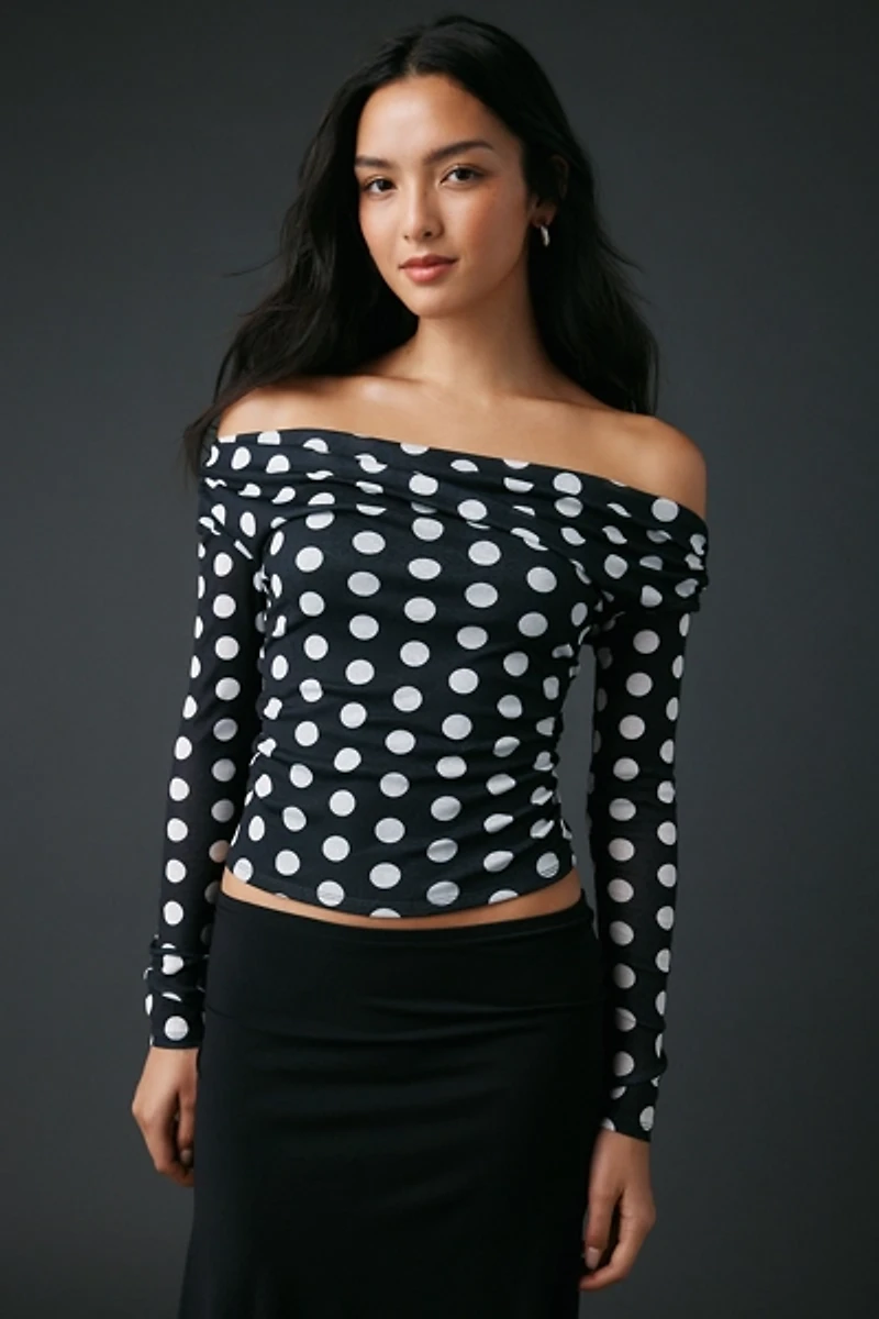 UO Fia Mesh Long Sleeve Off-The-Shoulder Crop Top