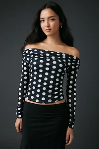 UO Fia Mesh Long Sleeve Off-The-Shoulder Crop Top