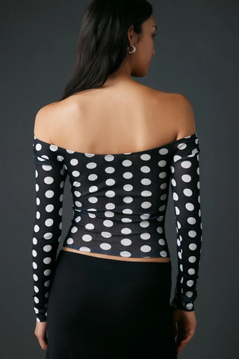 UO Fia Mesh Long Sleeve Off-The-Shoulder Crop Top