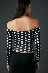 UO Fia Mesh Long Sleeve Off-The-Shoulder Crop Top