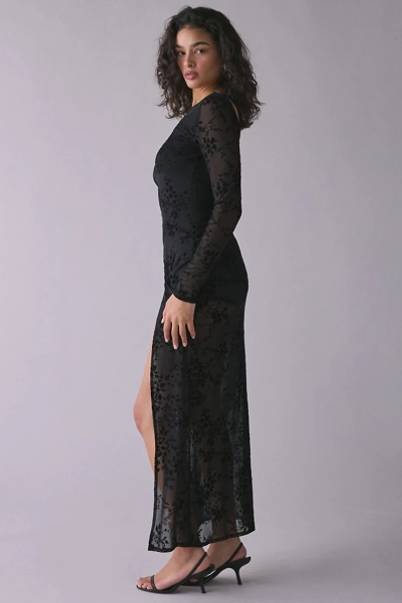 UO Bombshell Sheer Burnout Velvet Floral Long Sleeve Maxi Dress