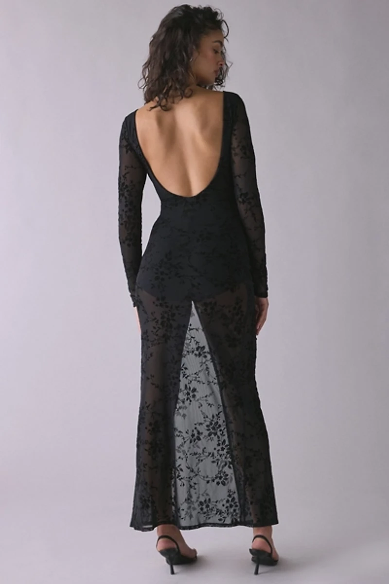 UO Bombshell Sheer Burnout Velvet Floral Long Sleeve Maxi Dress