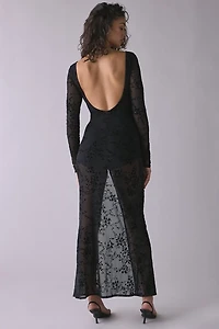 UO Bombshell Sheer Burnout Velvet Floral Long Sleeve Maxi Dress