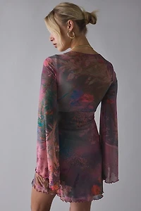 UO Someone New Mesh V-Neck Long Sleeve Mini Dress