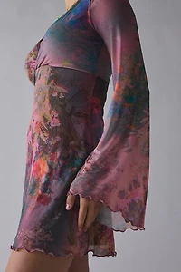 UO Someone New Mesh V-Neck Long Sleeve Mini Dress