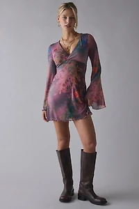 UO Someone New Mesh V-Neck Long Sleeve Mini Dress