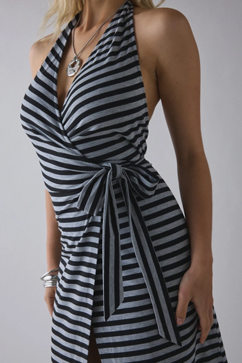 UO All Tied Up Wrap Plunging Halter Maxi Dress