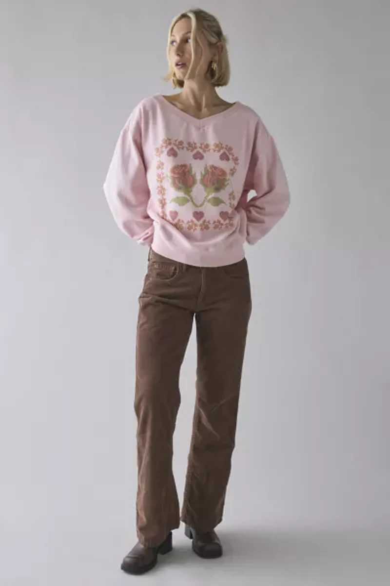 UO Cross Stitch Graphic V-Neck Pullover Sweatshirt