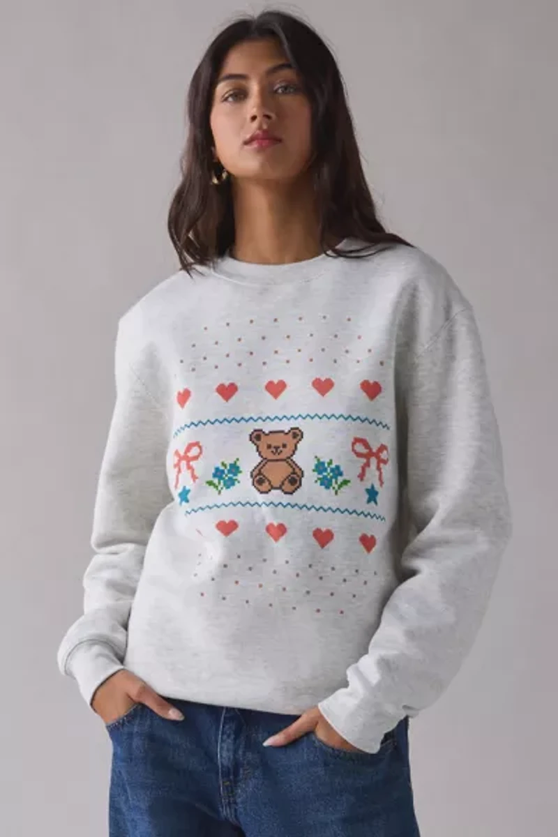 Teddy Bear Fair Isle Graphic Crew Neck Pullover