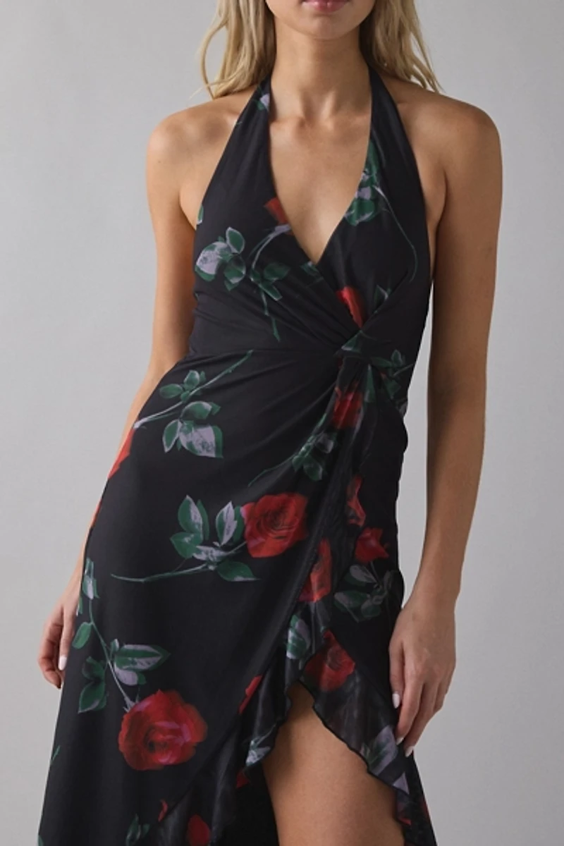 UO Twisted Tie Mesh Asymmetric Ruffle High-Low Midi Dress