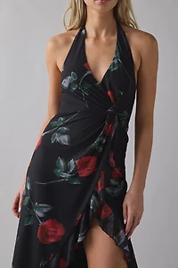 UO Twisted Tie Mesh Asymmetric Ruffle High-Low Midi Dress