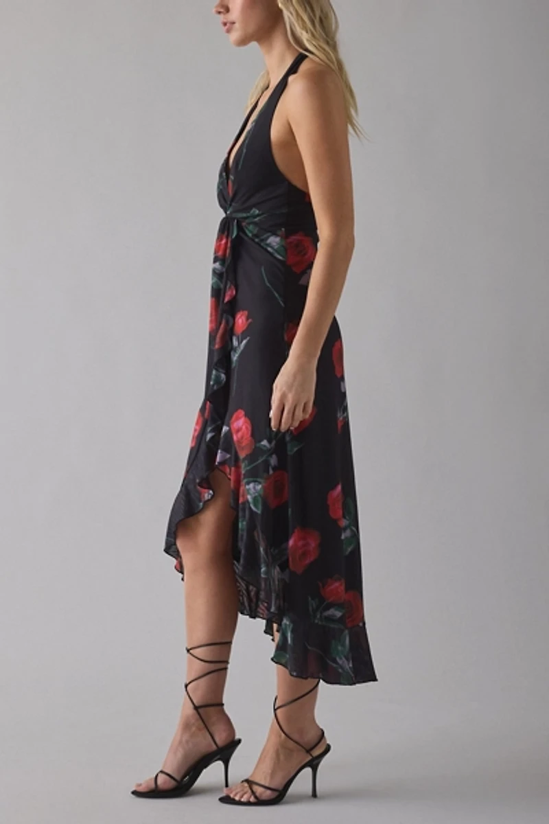 UO Twisted Tie Mesh Asymmetric Ruffle High-Low Midi Dress