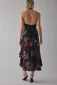 UO Twisted Tie Mesh Asymmetric Ruffle High-Low Midi Dress